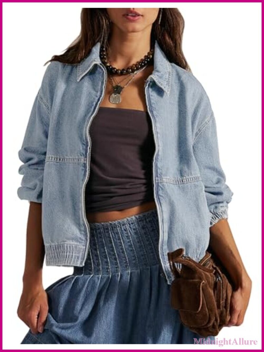 Long Sleeve Zip Up Elastic Hem Classic Loose Jean Bomber Jacket Outfit